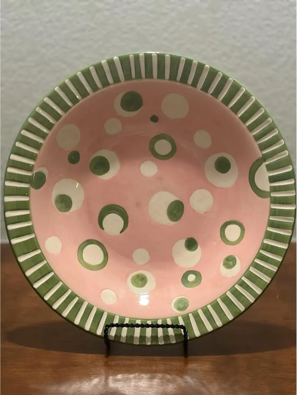 TIka Home ETC Pink/Green Dots 12” Large Round Dish Serving Easter Shower